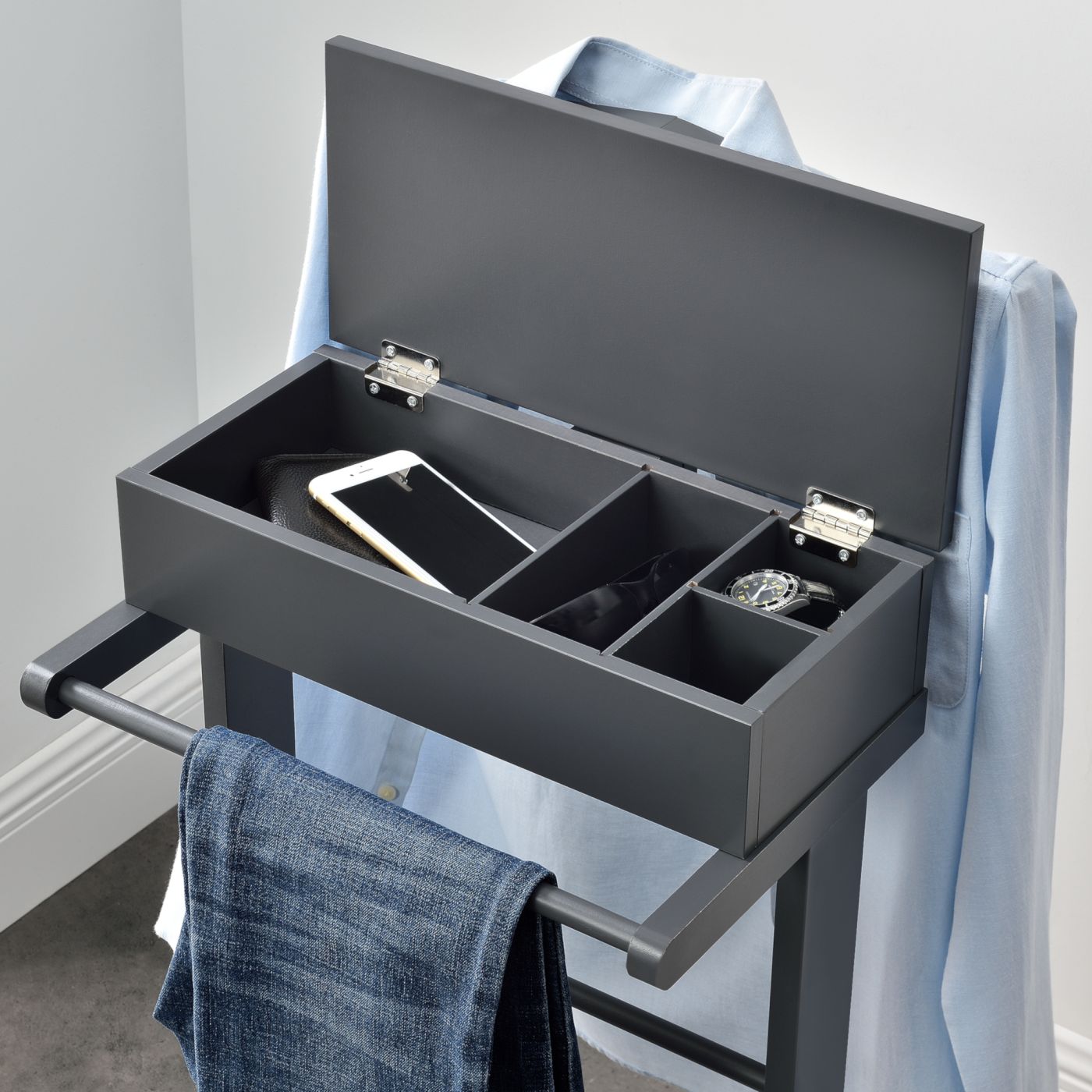 Stojalo za moška oblačila in dodatke - siv