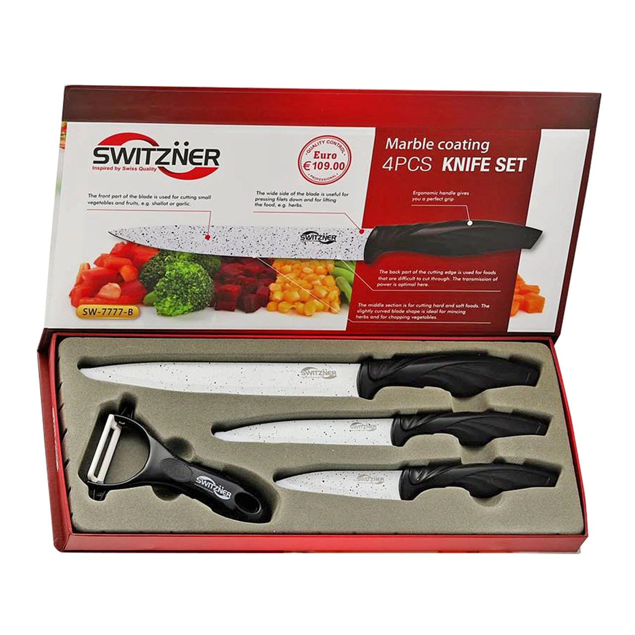 Switzner set nožev s keramično prevleko - 4 delni - 3 noži in lupilec