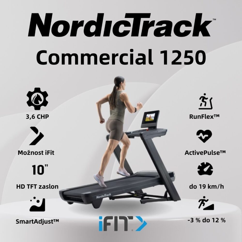 NordicTrack Commercial 1250 tekalna steza | 10-palčni nagibni zaslon na dotik, Hitrost do 20 km/h, Naklon −3 do 12 % | Vadite po svojem načrtu