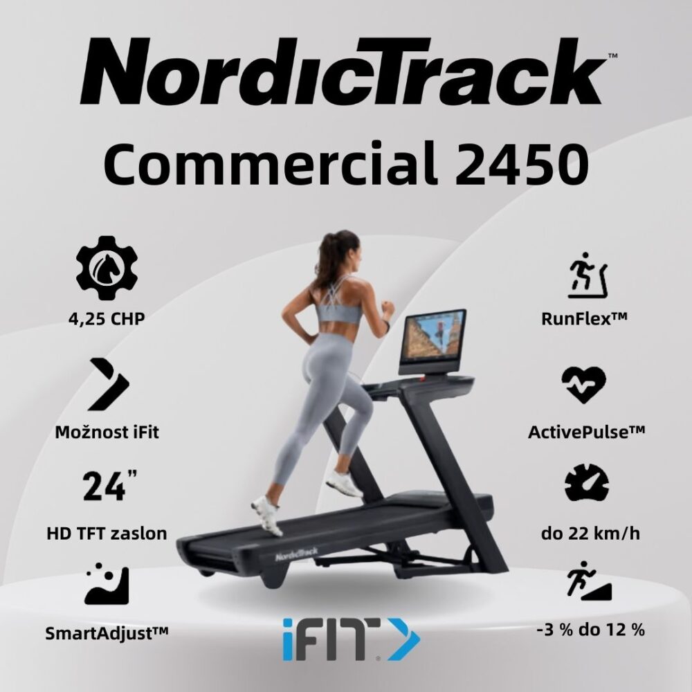 NordicTrack Commercial 2450 tekalna steza | 24-palčni vrtljivi HD-zaslon na dotik, Hitrost do 22 km/h, Naklon −3 do 12 % | Vadite po svojem načrtu