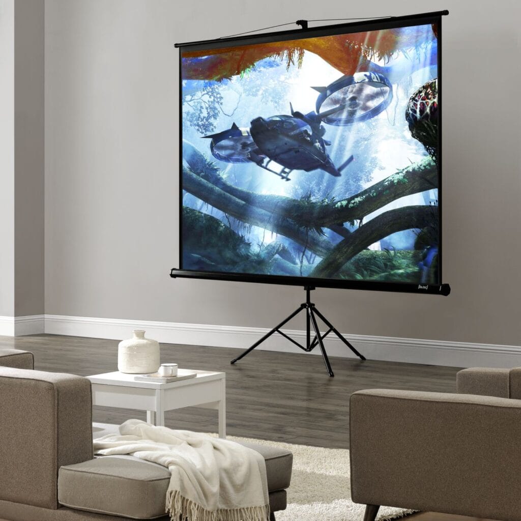 Projekcijsko platno 200x200 cm s stojalom - 113" - Mobilni kino kjerkoli želite!
