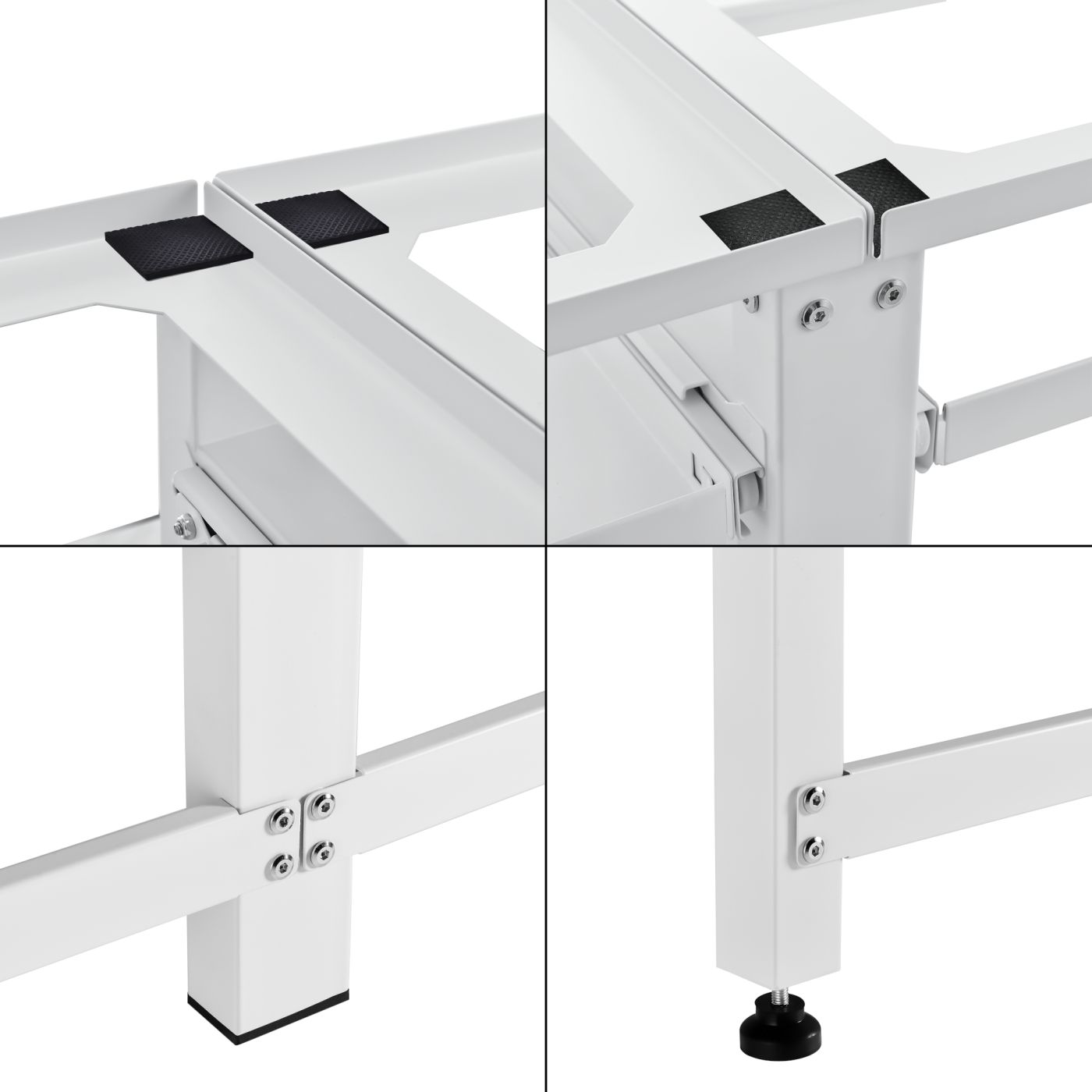 Dvižno stojalo za pralni stroj z dvema izvlečnima policama v beli barvi, nameščeno v pralnici.