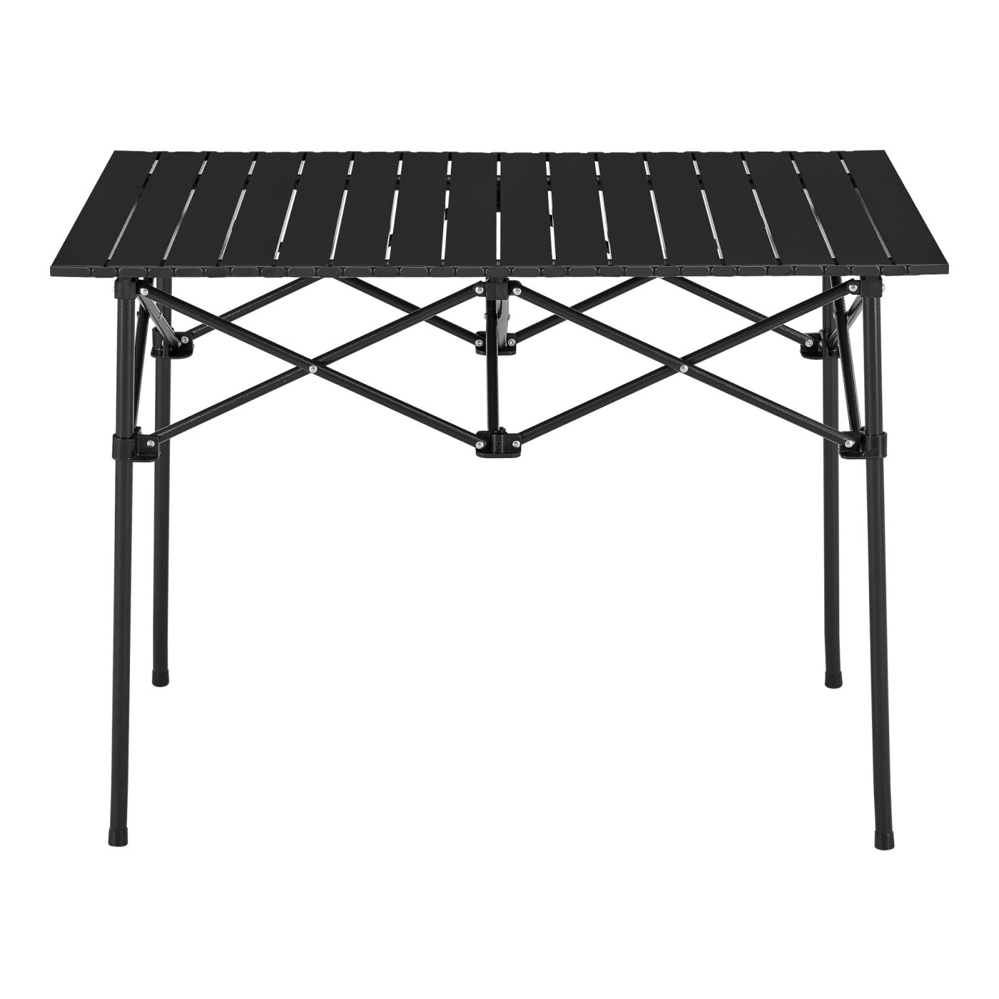 Zložljiva miza Castilenti iz aluminija v črni barvi, postavljena na vrtu.