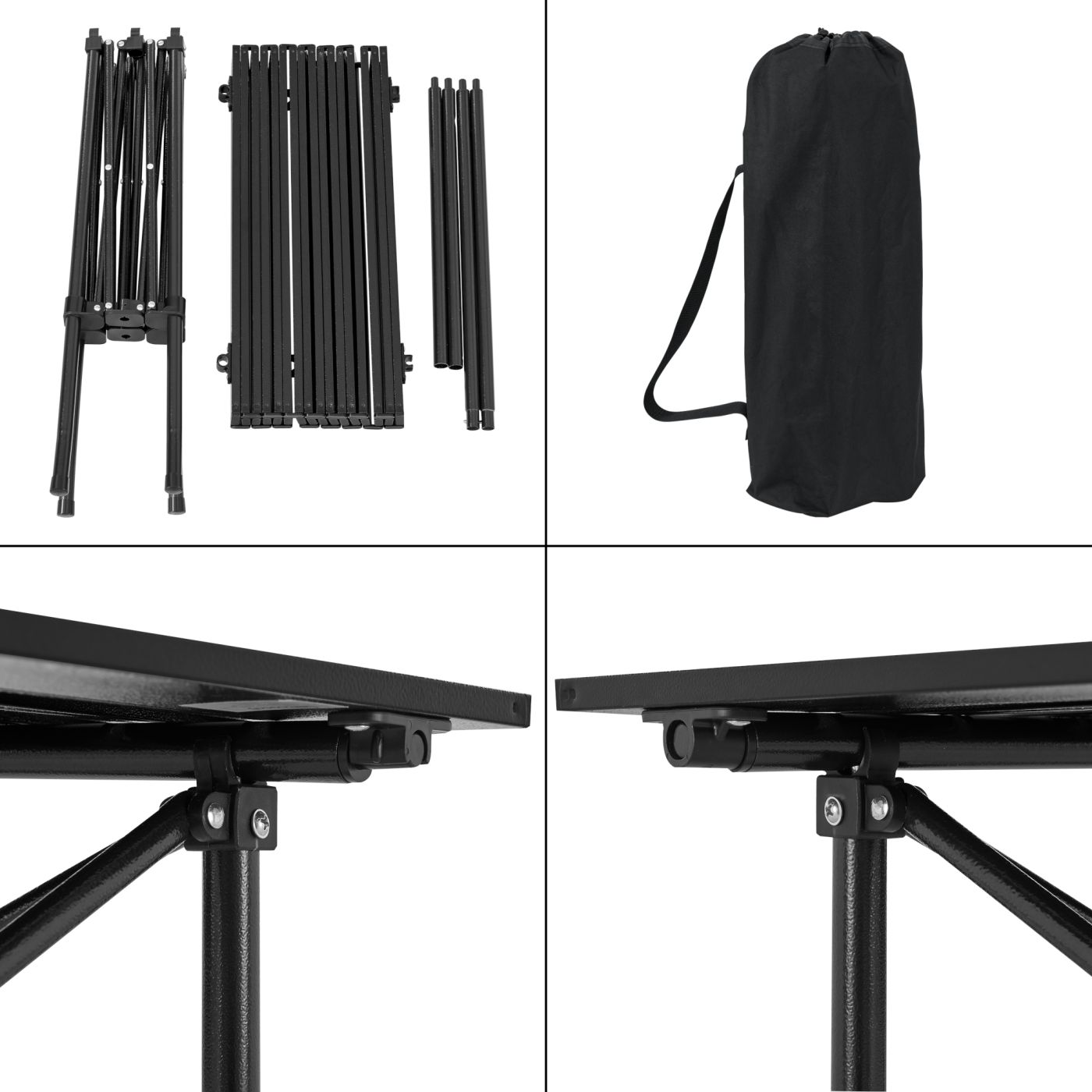 Zložljiva miza Castilenti iz aluminija v črni barvi, postavljena na vrtu.